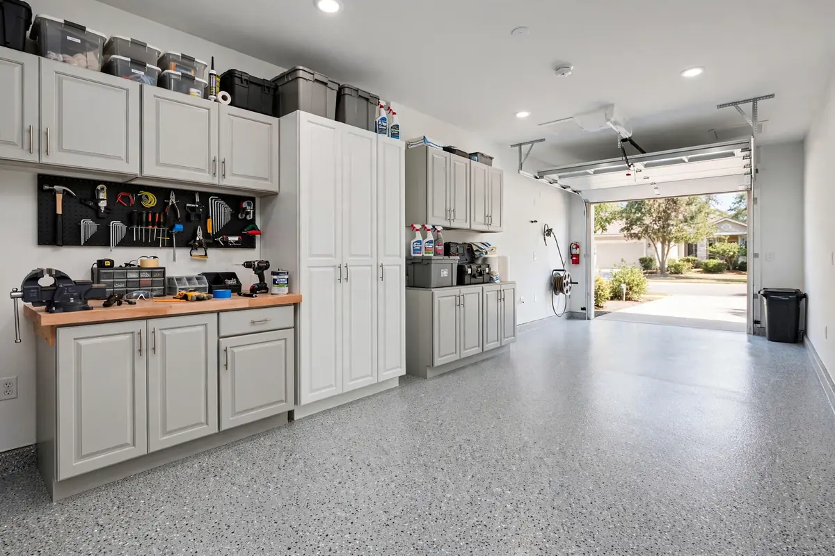Grey flake epoxy garage floor